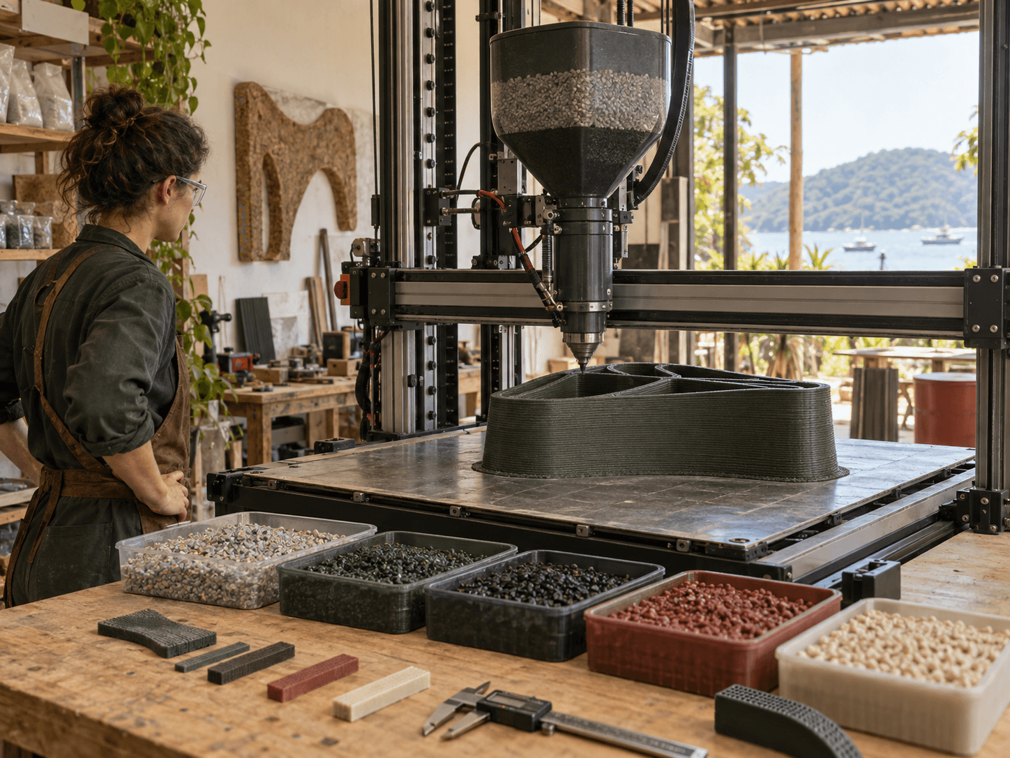 Large-format pellet extrusion system producing a recycled-polymer test component