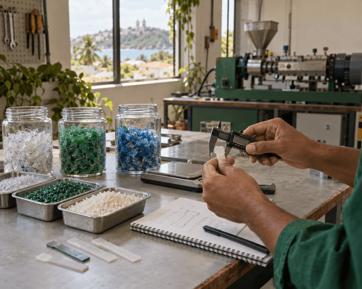 Researcher measuring a polymer test sample beside separated material feedstocks